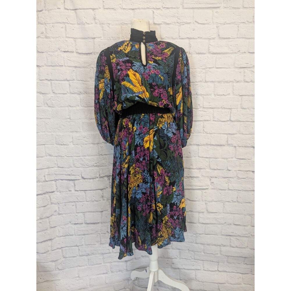 Vtg‎ DIANE FREIS Floral Midi Full Skirt Pleated Puff Sleeve Dress W/Scarf  S/M